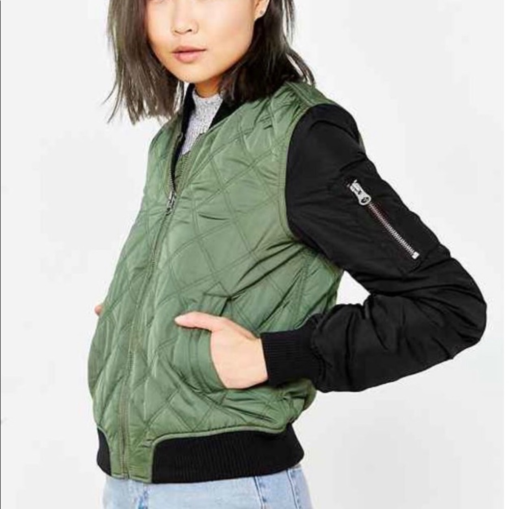 UO Silence + Noise Green & Black Bomber Jacket